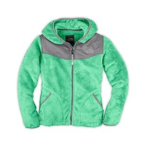 Girls green M 10/12 north face fleece hooded zip up jacket.